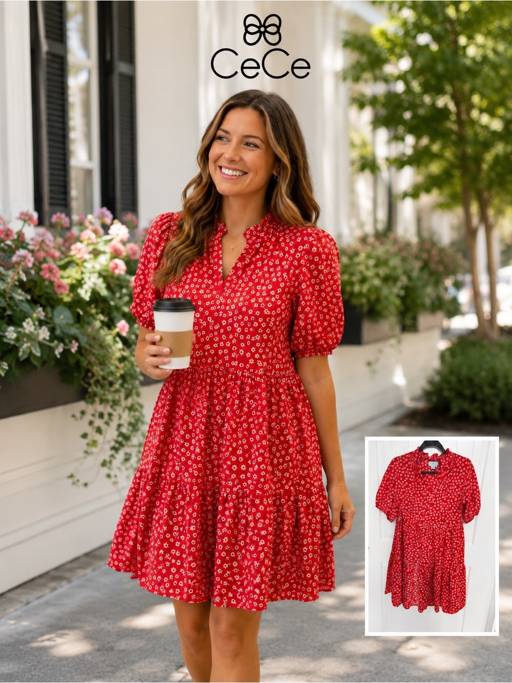 CeCe Red Floral Ruffle Neck Tiered Mini Dress Puff Sleeve Size M